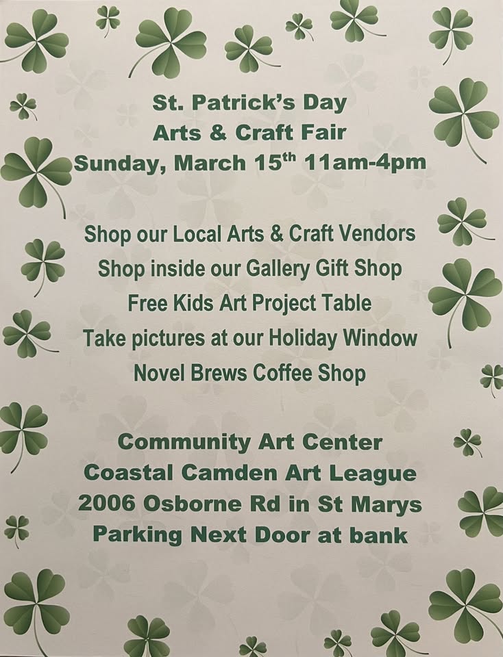 Flyer for St. Patrick's Day Arts & Crafts Sale at Coastal Camden Art League March 15 2026
