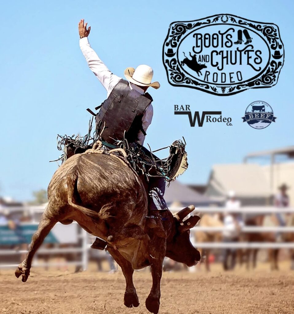 Cowboy riding a bucking bull pictured from behind in an outdoor rodeo area on a sunny day with Boots & Chutes event logo, Bar W Rodeo Logo, and Satilla River Beef Logo