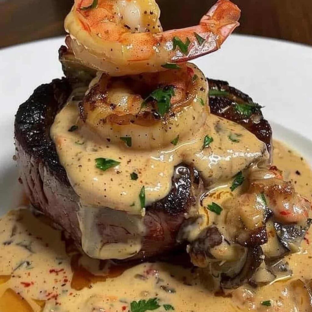 8 oz. steak filet stacked with grilled shrimp and covered in a Cajun cream sauce on a white plate