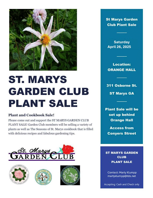 Flyer for St. Marys Garden Club Annual Spring Plant Sale at Orange Hall 2026
