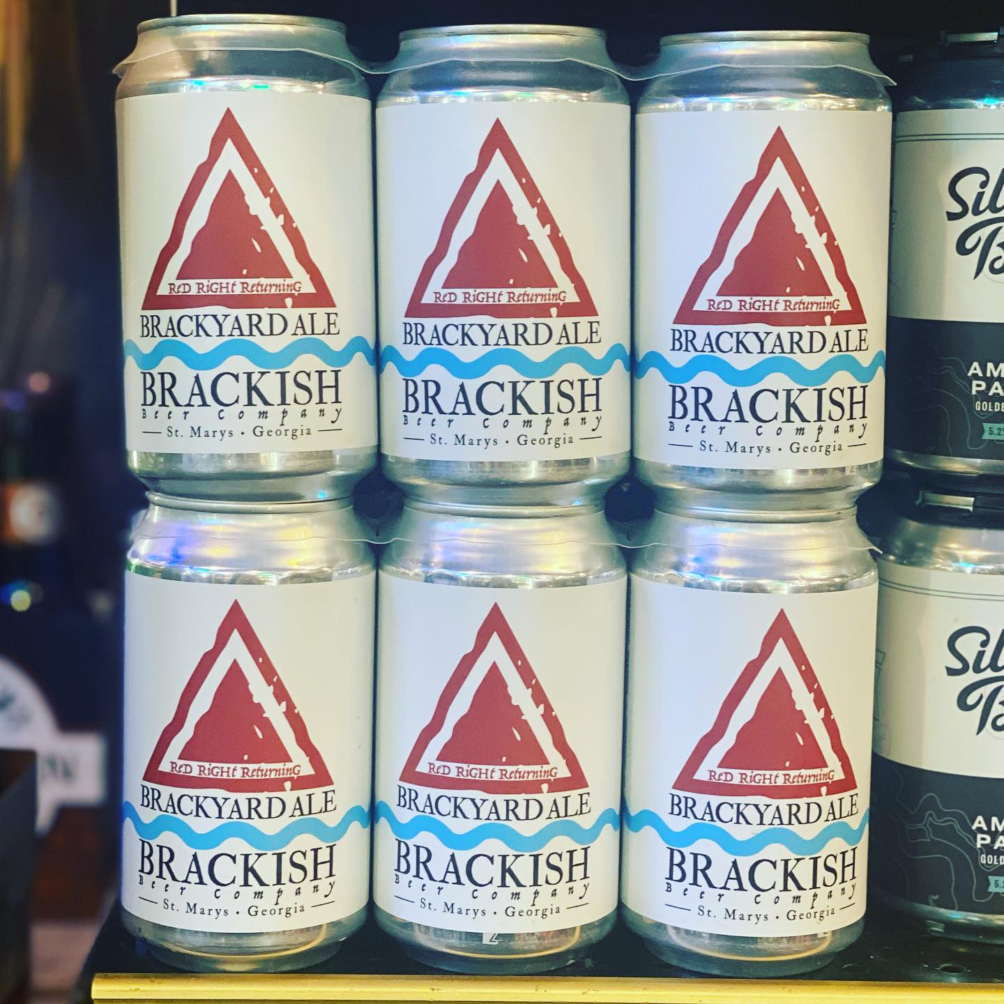 Two six packs of Brackish Beer Company's Brackyard Ale on display in a refrigerator cooler