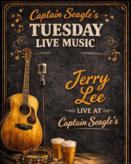 Flyer for live music open mic at Captain Seagles with Jerry Lee.