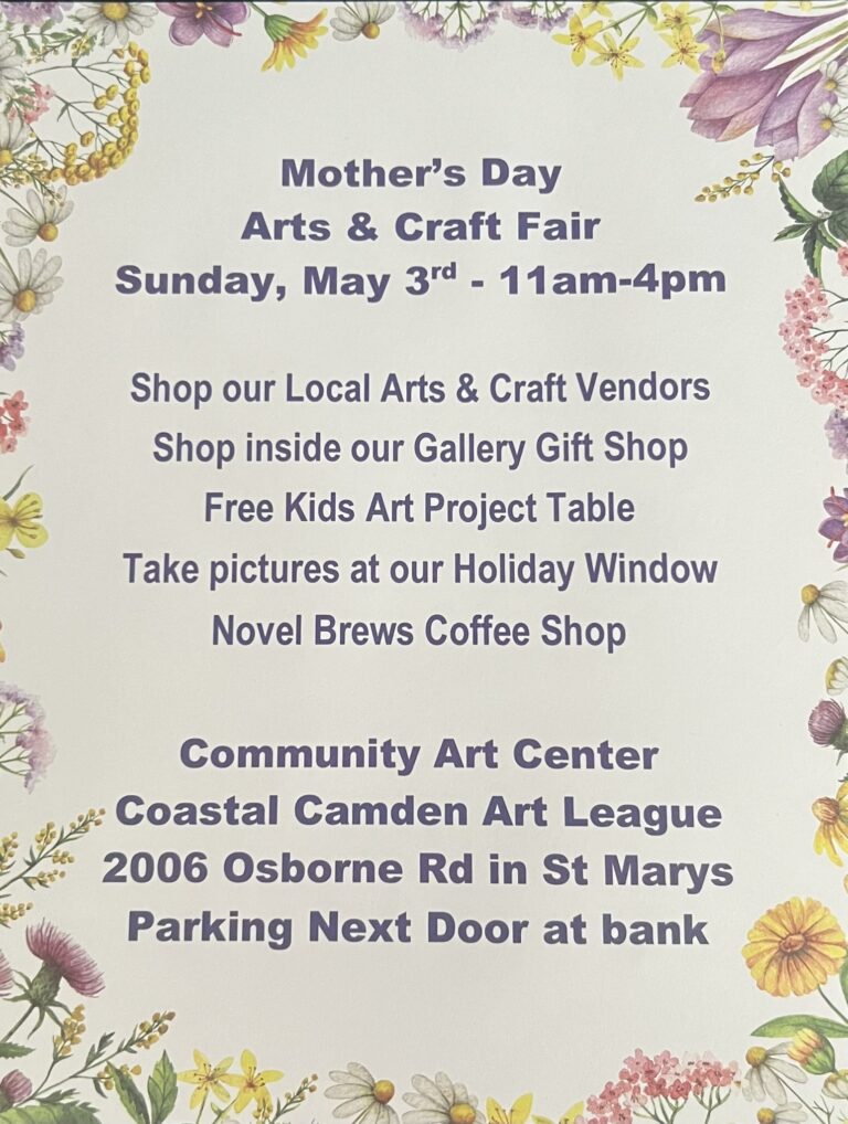 Flyer for 2026 Mother's Day Arts & Crafts Fair at the Coastal Camden Art League Community Arts Center