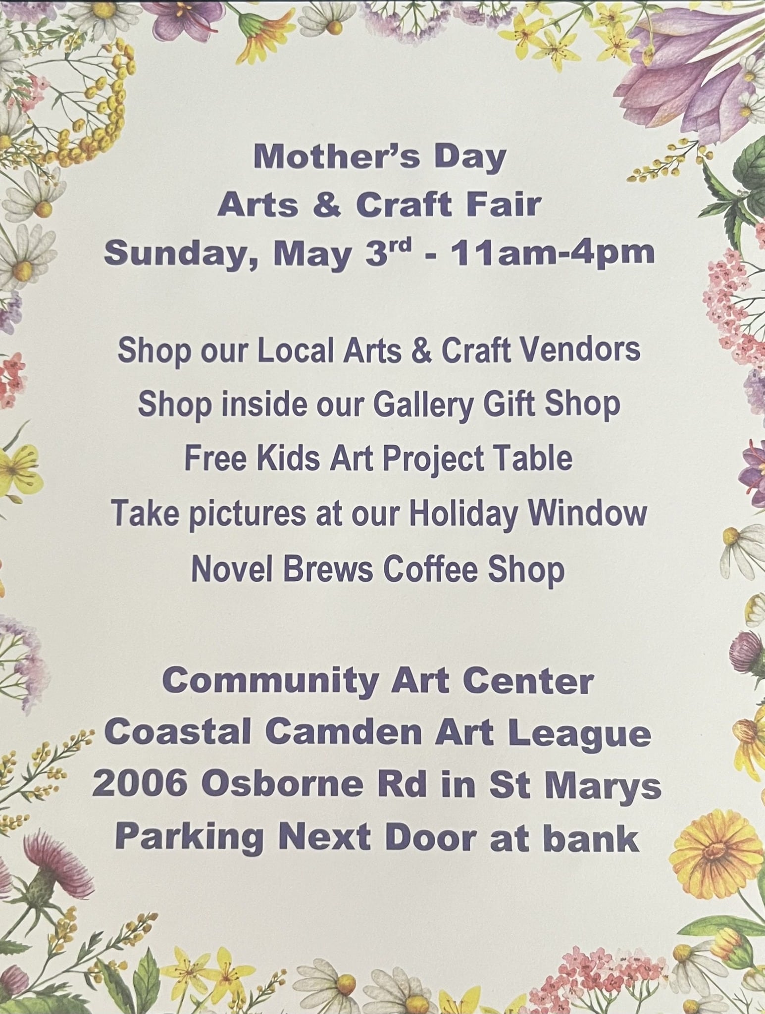 Flyer for 2026 Mother's Day Arts & Crafts Fair at the Coastal Camden Art League Community Arts Center