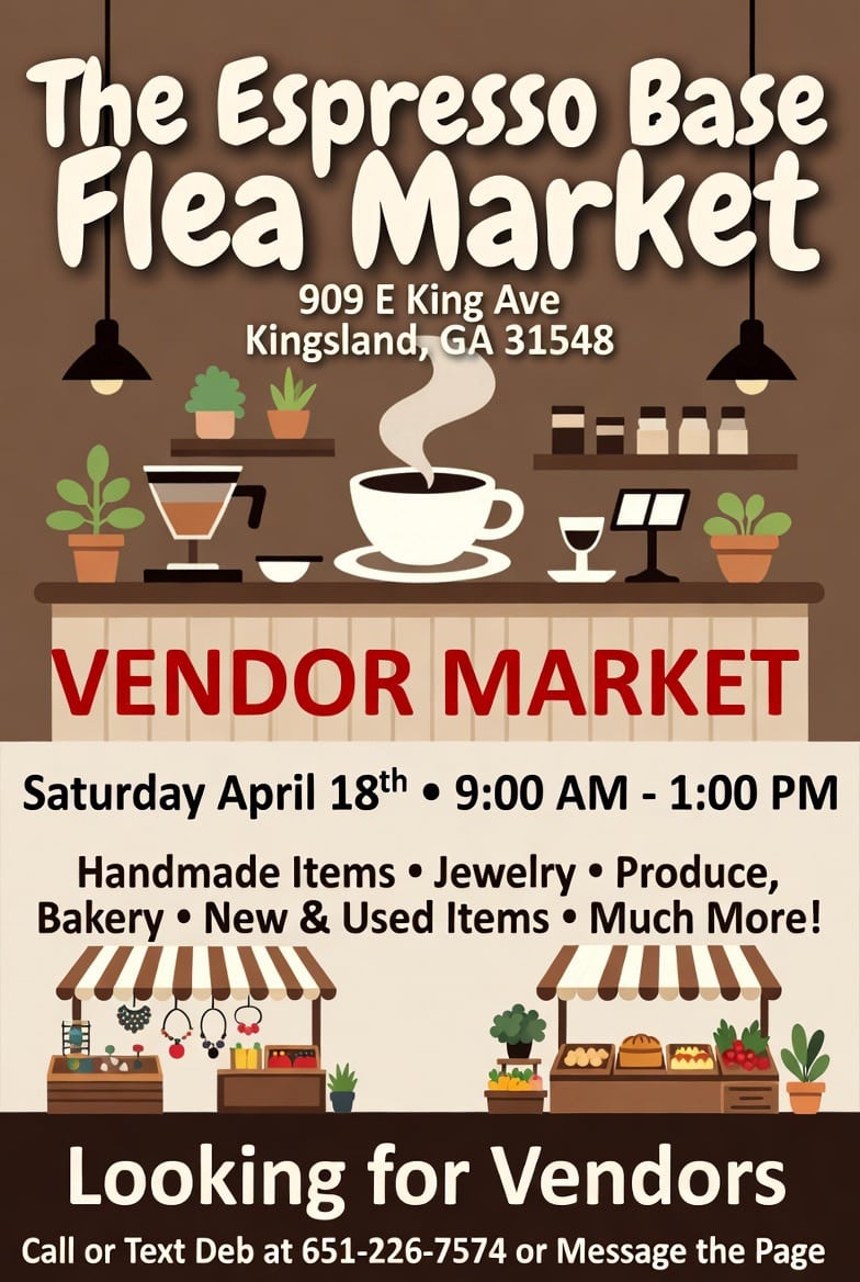 Flyer for Espresso Base Flea Market April 18, 2026