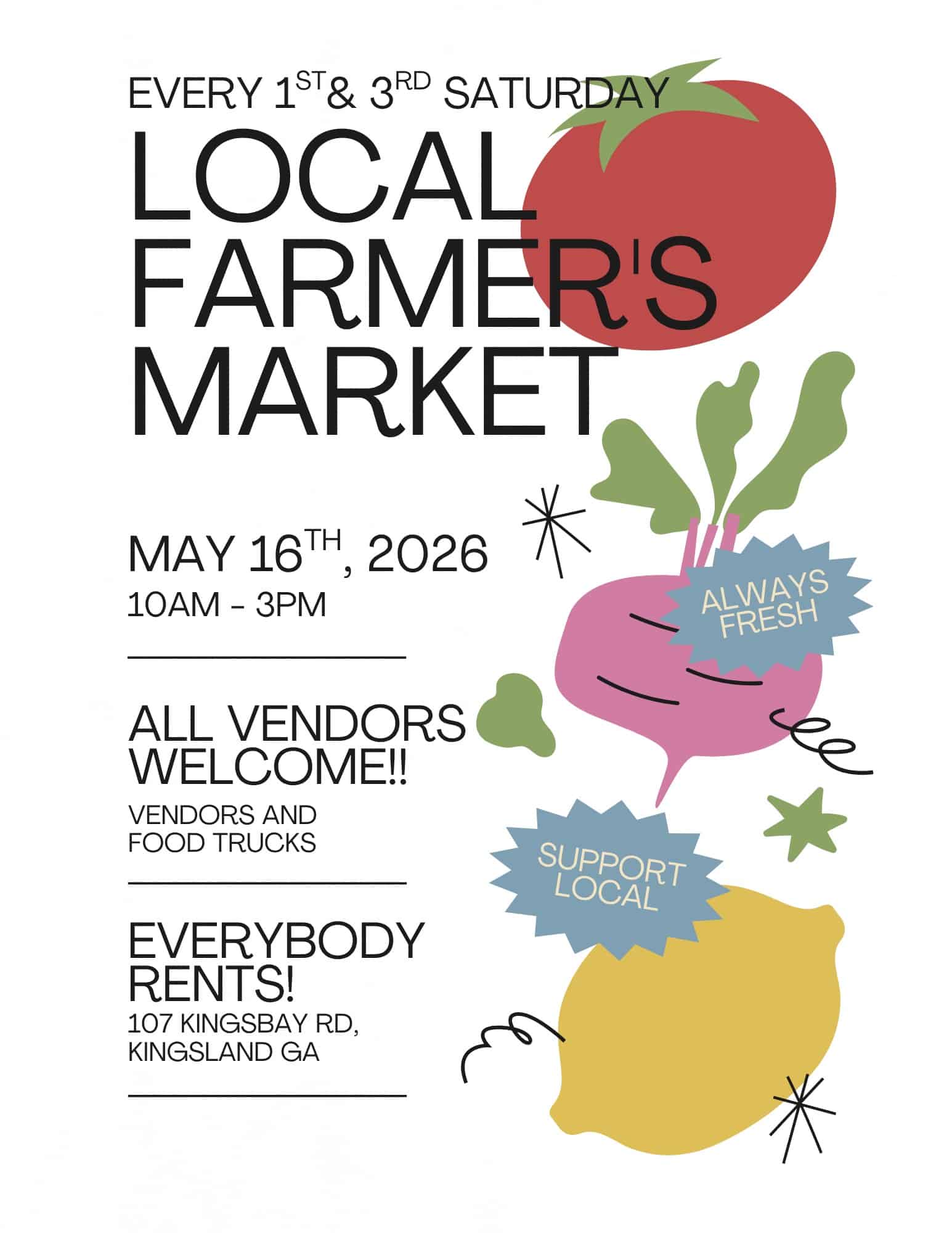 Graphic Flyer for Farmers Market at Everybody Rents May 16 2026