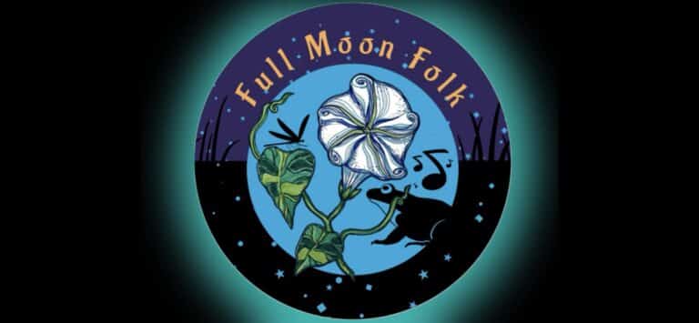 Logo for Acoustic Band Full Moon Folk showing a starry night circle on a green glowing background with a blooming white flower on a vine with swamp, dragon fly, notes.