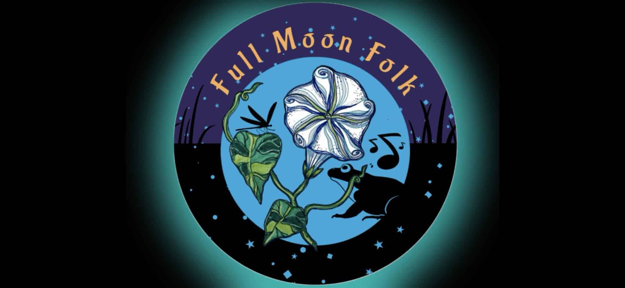 Logo for Acoustic Band Full Moon Folk showing a starry night circle on a green glowing background with a blooming white flower on a vine with swamp, dragon fly, notes.