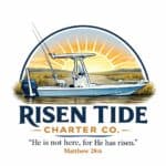 Logo for Risen Tide Charter Co. with illustration of a fishing boat on the salt marsh in front of a sunrise.