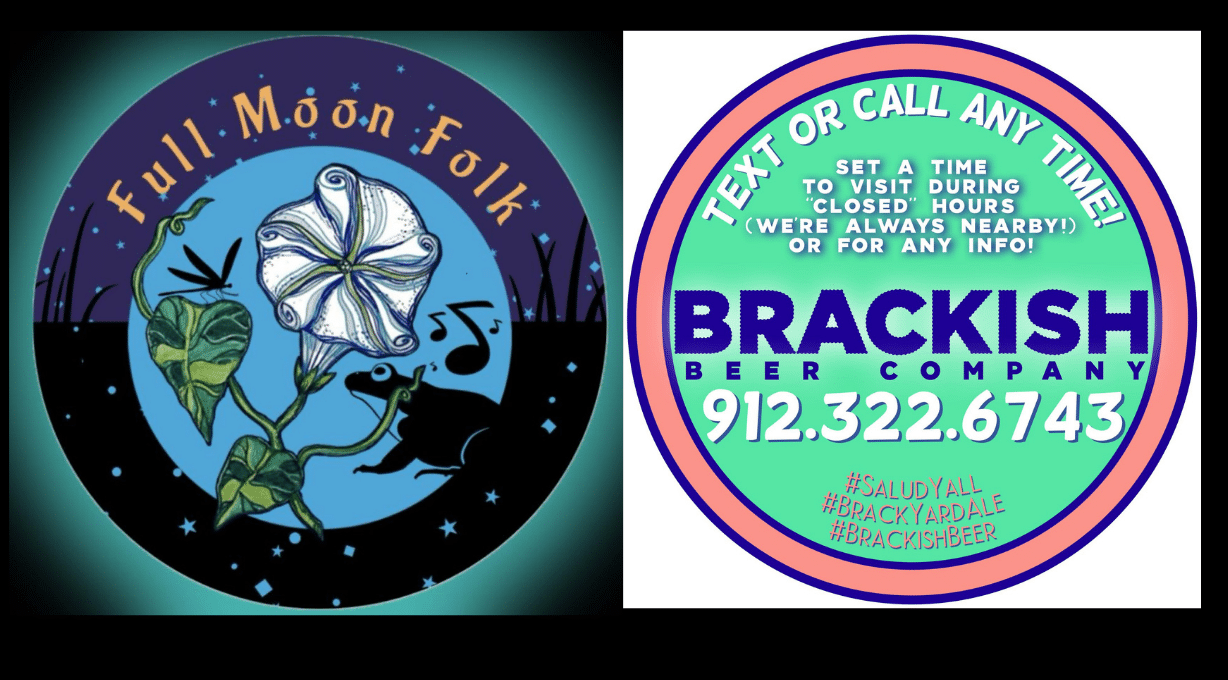 Logos for Full Moon Folk Acoustic Duo and Brackish Beer Company