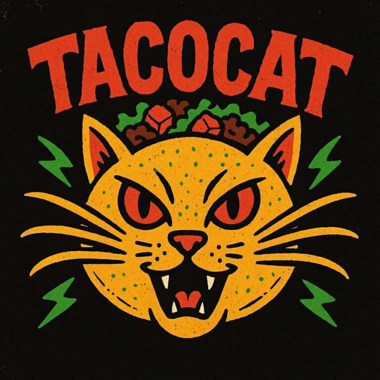 Logo for Tacocat Trio Band, with yellow cat face with red eyes and open mouth and lettuce and other taco garnishes between the cat's ears and the word TACOCAT in red capital letters above, all on a black background