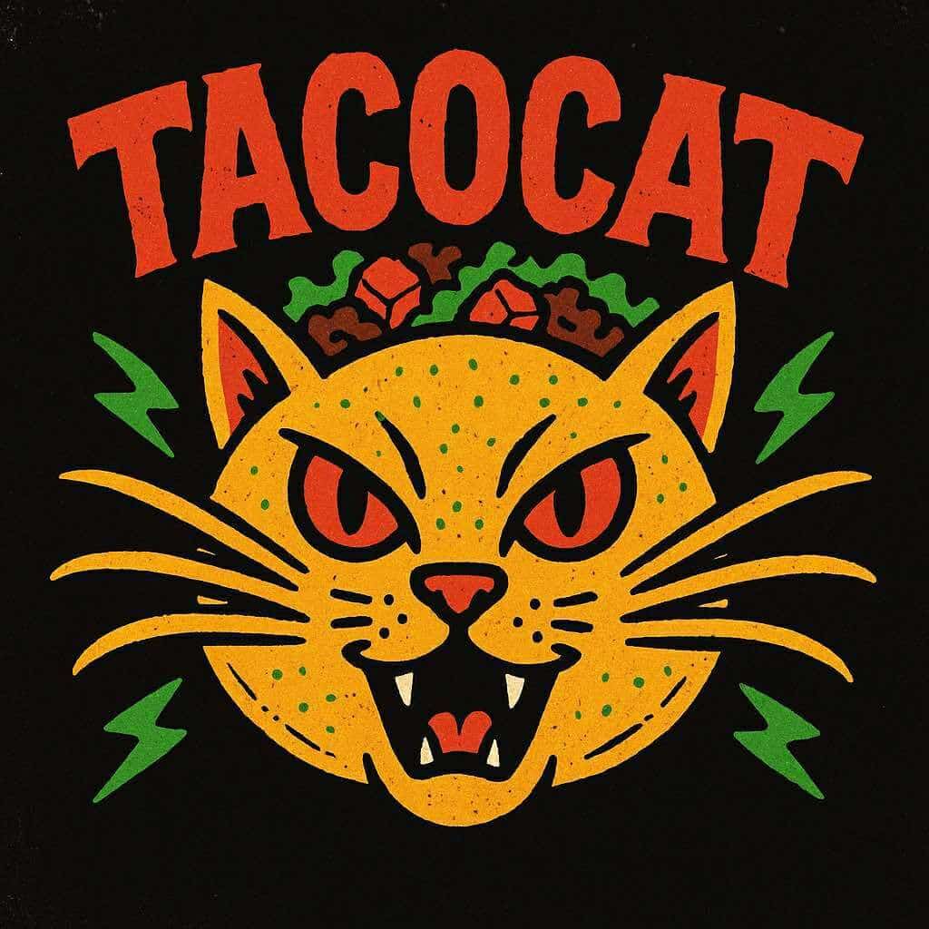 Logo for Tacocat Trio Band, with yellow cat face with red eyes and open mouth and lettuce and other taco garnishes between the cat's ears and the word TACOCAT in red capital letters above, all on a black background