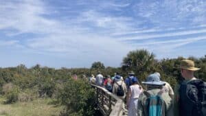 A group of tourists walking down a boardwalk over scrub brush on Cumberland Island from FB OHM Event 06-13-2026 