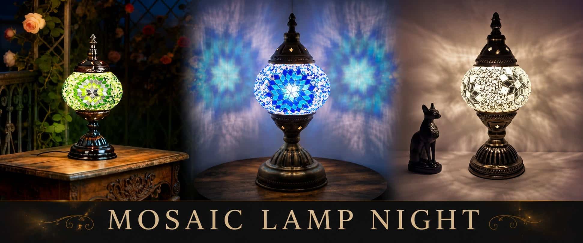 Three mosaic lamps shining patterns on walls
