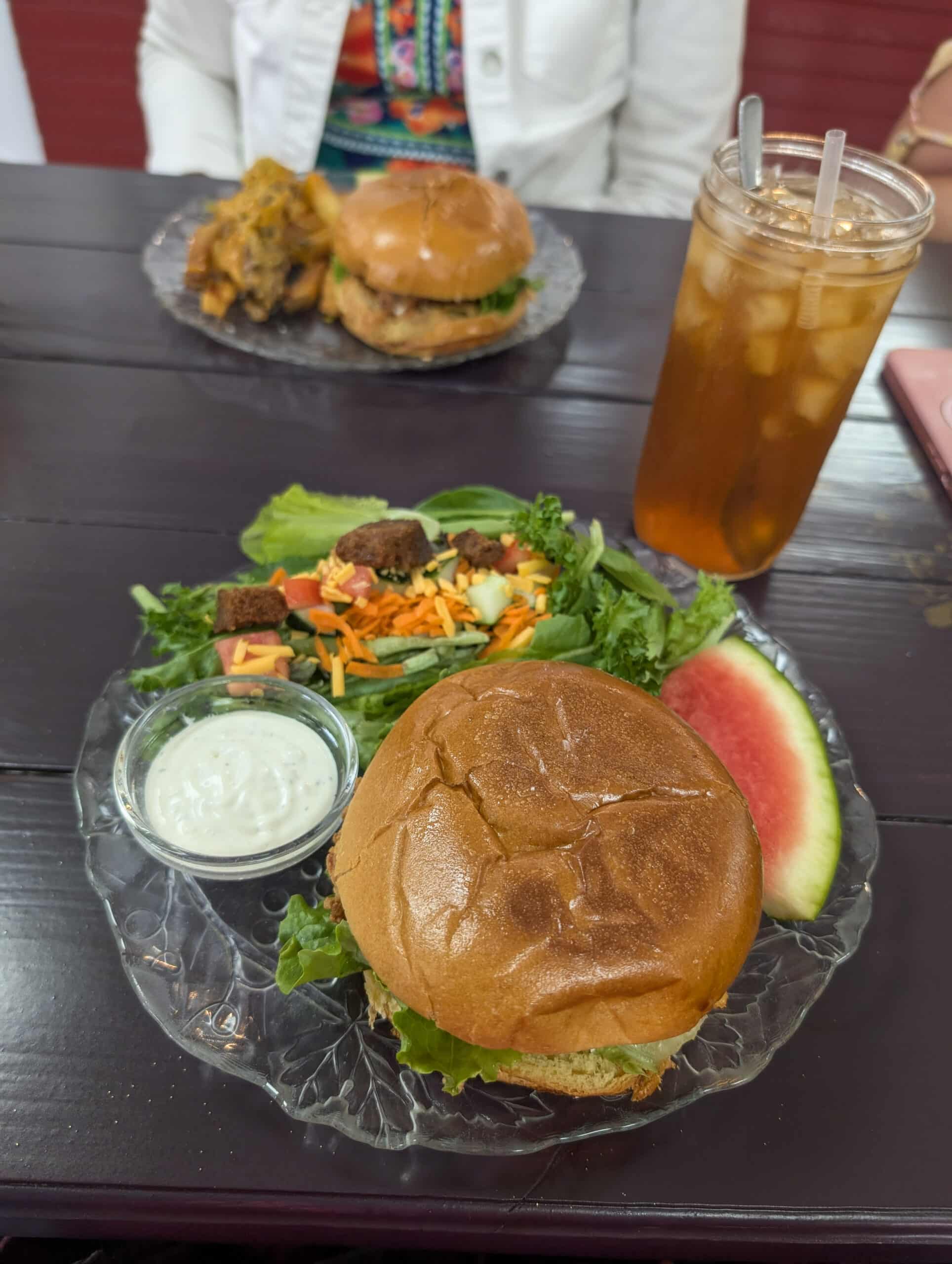 The Mad Hatter Lunch - Sandwich and Salad with Glass of iced Tea