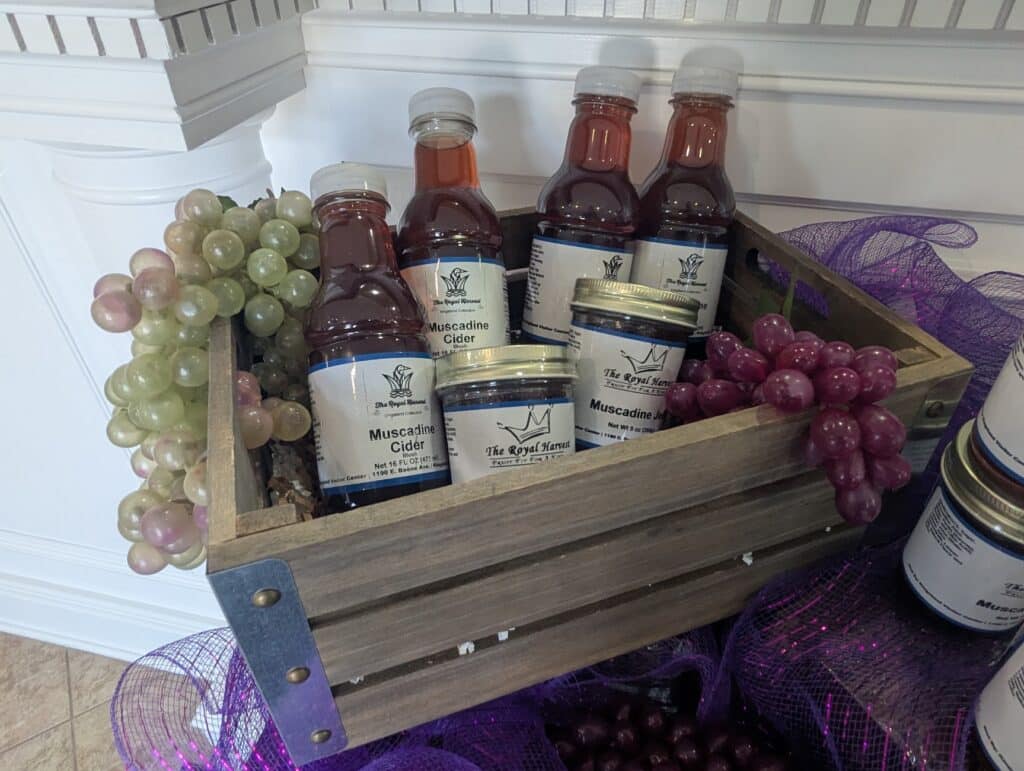 Display of bottles of muscadine grape cider and jars of muscadine jelly in a small wooden crate with some fake grapes as decoration