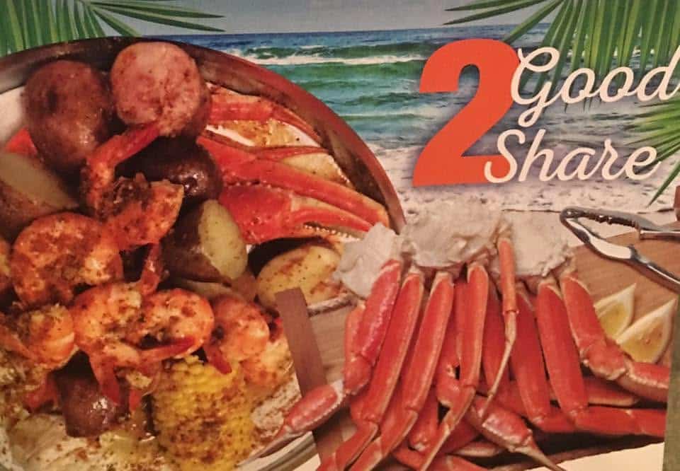 Crab Legs and Shrimp Boil with potatoes and corn and text that reads Good 2 Share