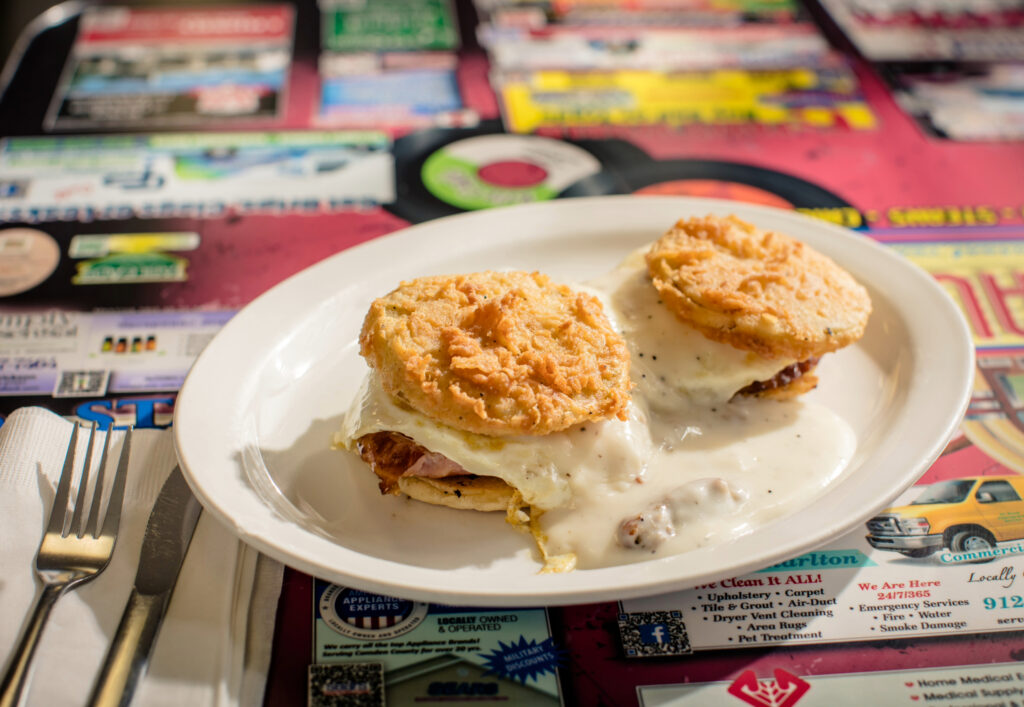Biscuits and gravy on a plate