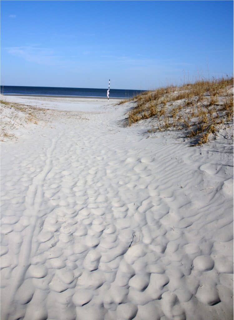 White sand dunes at a beach leading out to the ocean